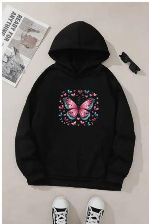 Unisex Siyah Kapüşonlu Sweatshirt – Kelebek Kalpler Baskılı, Şardonlu Kalın Kumaş