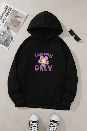 Unisex Siyah Kapüşonlu Sweatshirt – Good Vibes Only Baskılı, Şardonlu Kalın Kumaş