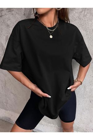 Düz Basic T-Shirt - Siyah Oversize Bisiklet Yaka Kısa Kol