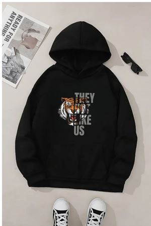 Unisex Siyah Kapüşonlu Sweatshirt – Kaplan Baskılı, Şardonlu Kalın Kumaş