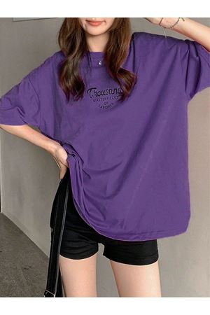 Thousand Süprem Mor T-shirt - Siyah Baskılı Oversize Bisiklet Yaka Kısa Kol Tişört