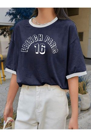 French Paris Parçalı Süprem T-Shirt - Lacivert Beyaz Oversize Bisiklet Yaka Kısa Kol Tişört