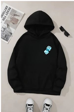 Unisex Siyah Kapüşonlu Sweatshirt – Zar Baskılı, Şardonlu Kalın Kumaş