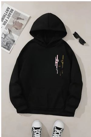 Unisex Siyah Kapüşonlu Sweatshirt – Face Yüz Baskılı, Şardonlu Kalın Kumaş