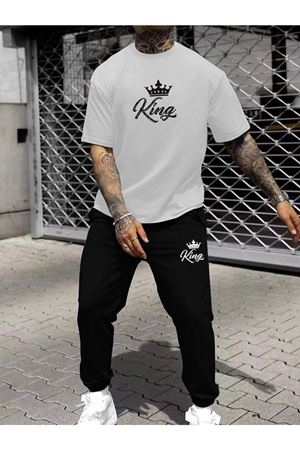 Erkek Siyah Eşofman&beyaz Tişört Takımı Kıng Baskılı Oversize Unisex