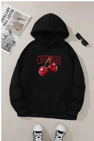 Unisex Siyah Kapüşonlu Sweatshirt – Cherries Baskılı, Şardonlu Kalın Kumaş