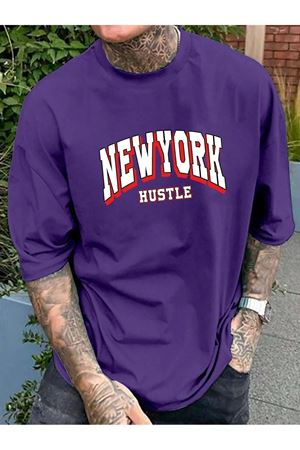 Newyork Hustle Süprem T-Shirt - Mor Baskılı Oversize Bisiklet Yaka Kısa Kol Tişört