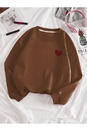 Kırmızı Minimal Kalp Baskılı Sweatshirt - Kahverengi Kalın Kışlık Bisiklet Yaka