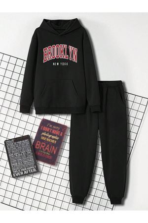 Siyah Brooklyn New York Baskılı Oversize Şardonlu Kapüşonlu