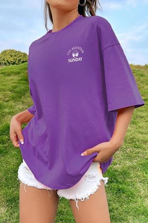 Sunday Mountain T-shirt - Mor Baskılı Oversize Bisiklet Yaka Kısa Kol Tişört