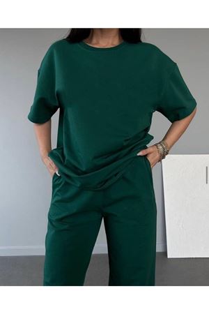 Basic T-shirt Eşofman Altı Jogger - Yeşil Düz Alt Üst Eşofman Takımı Oversize Bisiklet Yaka