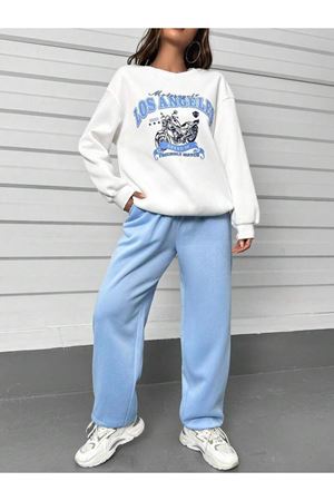 Los Angeles Motor Eşofman Takımı Beyaz Sweatshirt Bebe Mavi Jogger - Baskılı Oversize Bisiklet Yaka