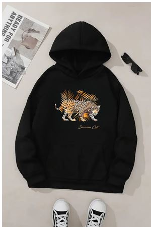 Unisex Siyah Kapüşonlu Sweatshirt – Leopar Yaprak Baskılı, Şardonlu Kalın Kumaş