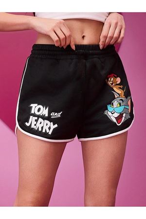 Siyah Yırtmaçlı Beyaz Biyeli Tom ve Jerry Baskılı Bermuda Şort