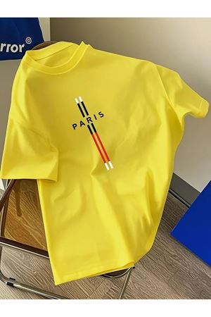 Sarı Oversize Tişört – Paris Yazılı Şerit Detaylı Unisex Model