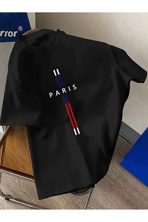 Siyah Oversize Tişört – Paris Yazılı Şerit Detaylı Unisex Model