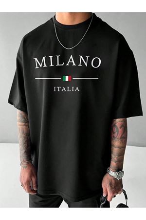 MILANO ITALIA Baskılı Süprem Siyah T-Shirt - Oversize Bisiklet Yaka Tişört