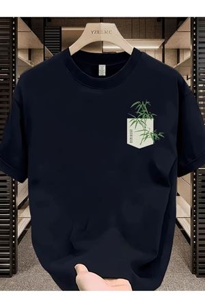 Siyah Oversize Tişört – Cep Üstü Bambu Bitkisi Baskılı Unisex Model