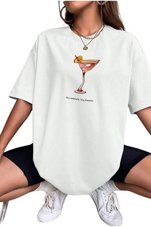 Tinycoctails Baskılı Beyaz Pamuklu T-Shirt - Oversize Bisiklet Yaka Tişört