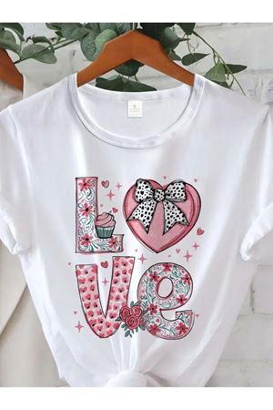 Love Baskılı Beyaz Pamuklu T-Shirt - Oversize Bisiklet Yaka Tişört