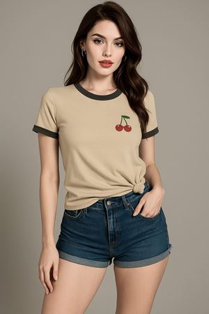 Kiraz Baskılı T-Shirt - Bej Gövde Füme Biyeli Oversize Bisiklet Yaka Kısa Kol Tişört