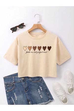 Minimal Kalpler Baskılı Kadın Crop Bej T-shirt