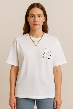 Kadın Tavşan Baskılı Oversize Beyaz T-shirt