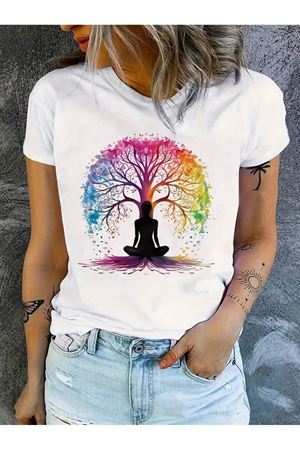 Yoga Ağacı Baskılı Beyaz Pamuklu T-Shirt - Oversize Bisiklet Yaka Kısa Kol Tişört