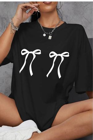 Beyaz Kurdela Baskılı Süprem Siyah T-shirt - Oversize Bisiklet Yaka Kısa Kol Tişört