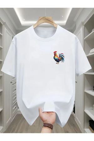 Horoz Baskılı Beyaz Pamuklu T-Shirt - Oversize Bisiklet Yaka Kısa Kol Tişört