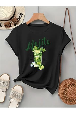 Mojito Baskılı Siyah Pamuklu T-Shirt - Oversize Bisiklet Yaka Tişört