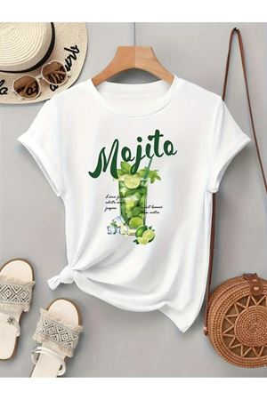 Mojito Baskılı Beyaz Pamuklu T-Shirt - Oversize Bisiklet Yaka Tişört