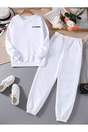 Los Angeles Minimal Baskılı Beyaz Eşofman Bisikletyaka Sweatshirt Takım - Oversize Unisex