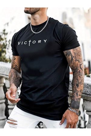 Victory Baskılı Süprem Siyah T-Shirt - Oversize Bisiklet Yaka Tişört