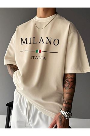 MILANO ITALIA Baskılı Süprem Bej T-Shirt - Oversize Bisiklet Yaka Tişört