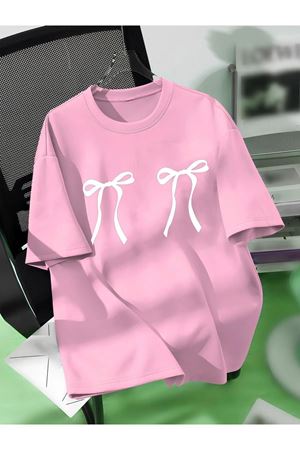 Beyaz Kurdela Baskılı Süprem Pembe T-shirt - Oversize Bisiklet Yaka Kısa Kol Tişört