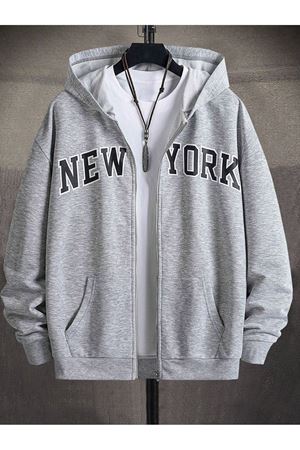 New York Fermuarlı Hırka Sweatshirt - Gri Baskılı Oversize Kışlık Kalın Kapüşonlu