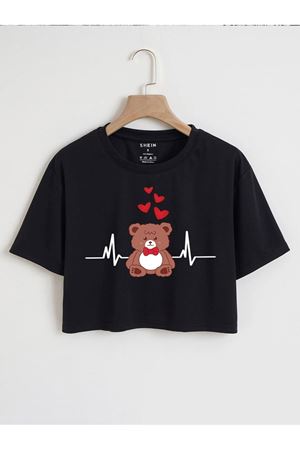 Bear Minimal Kalpler Baskılı Kadın Crop Siyah T-shirt