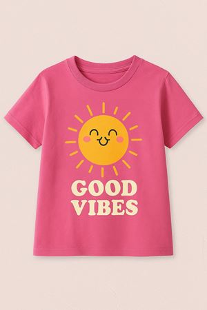 GOOD VIBES Güneş Baskılı Çocuk T-Shirt- Kız Çocuk Yazlık Bisiklet Yaka Tişört