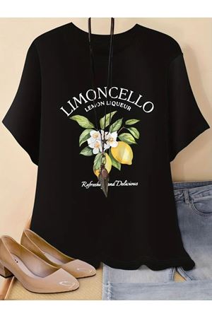 Limon Cello Baskılı Siyah Pamuklu T-Shirt - Oversize Bisiklet Yaka Tişört
