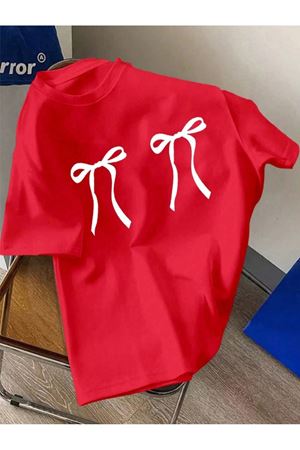 Beyaz Kurdela Baskılı Süprem Kırmızı T-shirt - Oversize Bisiklet Yaka Kısa Kol Tişört