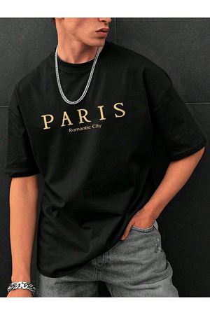 Paris Romantic City Baskılı Süprem Siyah T-Shirt - Oversize Bisiklet Yaka Tişört