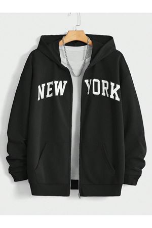 New York Fermuarlı Hırka Sweatshirt - Siyah Baskılı Oversize Kışlık Kalın Kapüşonlu