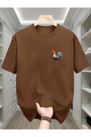 Horoz Baskılı Kahverengi Pamuklu T-Shirt - Oversize Bisiklet Yaka Kısa Kol Tişört