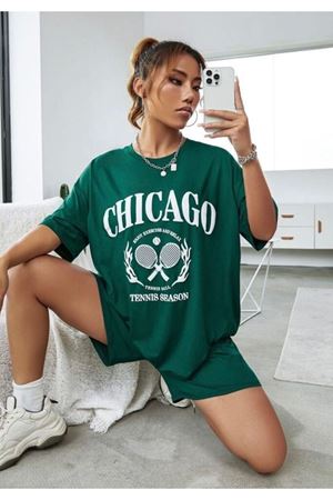 Chicago Tenis T-Shirt Şort - Yeşil Alt Üst Kombin Şort Tişört Takım Baskılı Oversize Bisiklet Yaka