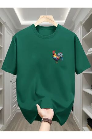 Horoz Baskılı Nefti Pamuklu T-Shirt - Oversize Bisiklet Yaka Kısa Kol Tişört