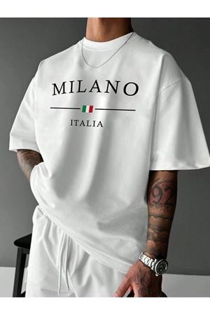 MILANO ITALIA Baskılı Süprem Beyaz T-Shirt - Oversize Bisiklet Yaka Tişört