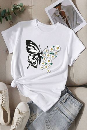 Kelebek Papatya Baskılı Süprem Beyaz T-Shirt - Oversize Bisiklet Yaka Tişört