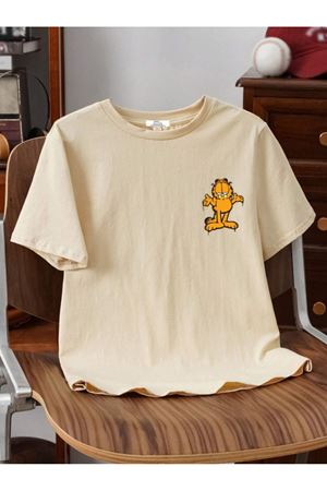Garfield Ön Arka Baskılı Çocuk Bej T-Shirt- Kız Erkek Çocuk Yazlık Bisiklet Yaka Tişört