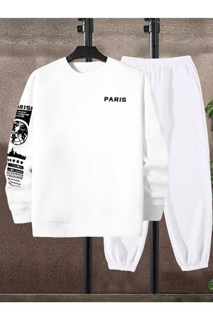 Eşofman Takımı Sweatshirt Jogger - Beyaz Baskılı Oversize Şardonlu Bisiklet Yaka